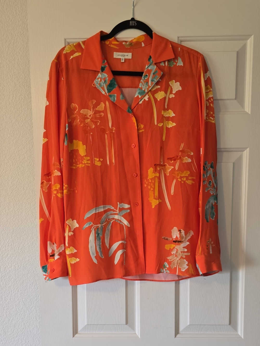 Lafayette 148 New York Orange Floral Button-Front Silk Blouse Sz Med - Picture 2 of 5